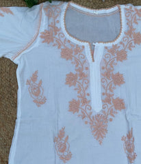 RUHANI Peach Pure Mul Cotton Chikankari Kurti and Pant Set