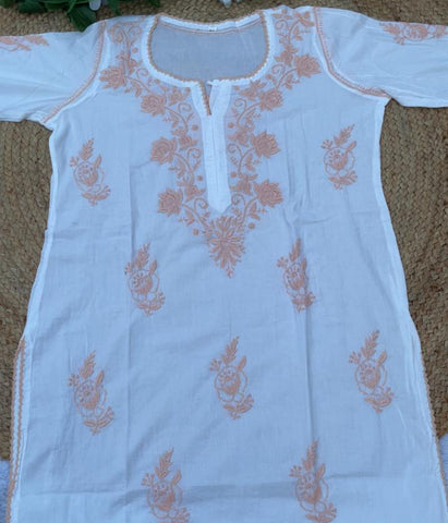 RUHANI Peach Pure Mul Cotton Chikankari Kurti and Pant Set