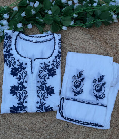 RUHANI Blue Pure Mul Cotton Chikankari Kurti and Pant Set