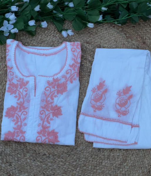RUHANI Coral Pure Mul Cotton Chikankari Kurti and Pant Set