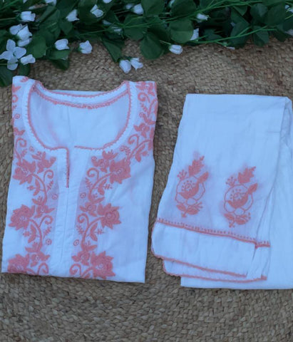 RUHANI Coral Pure Mul Cotton Chikankari Kurti and Pant Set