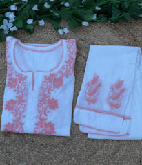 RUHANI Coral Pure Mul Cotton Chikankari Kurti and Pant Set