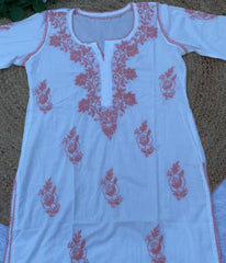 RUHANI Coral Pure Mul Cotton Chikankari Kurti and Pant Set