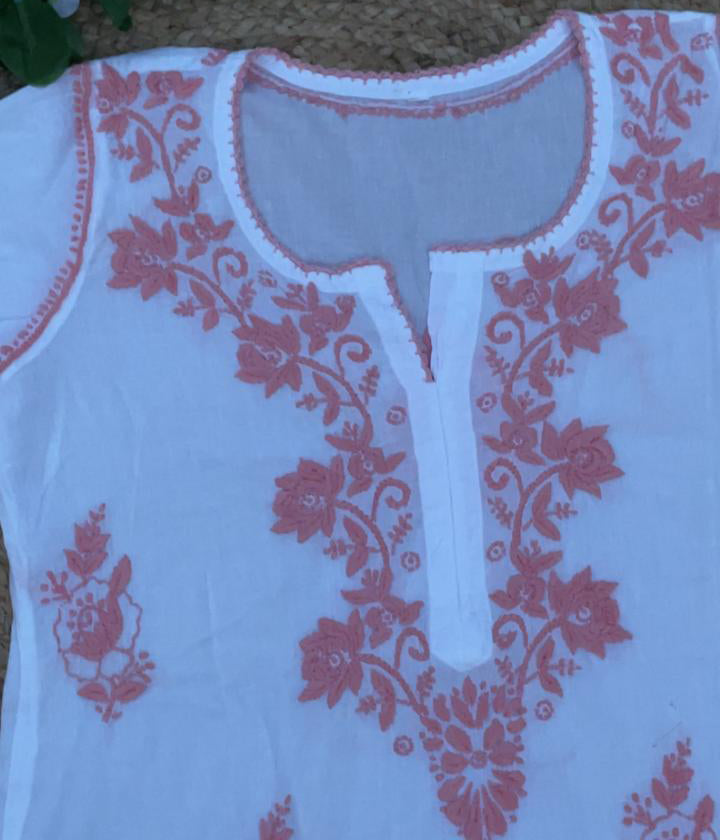 RUHANI Coral Pure Mul Cotton Chikankari Kurti and Pant Set