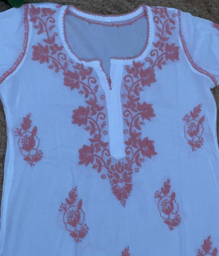 RUHANI Coral Pure Mul Cotton Chikankari Kurti and Pant Set