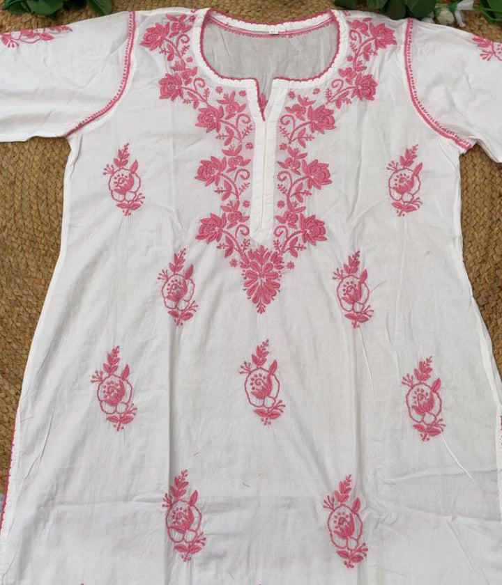RUHANI Pink Pure Mul Cotton Chikankari Kurti and Pant Set