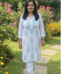 RUHANI Teal Pure Mul Cotton Chikankari Kurti and Pant Set