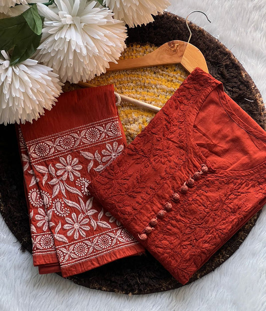 PARI Rose Gold Cotton Dobby Chikankari Kurta Pant Set