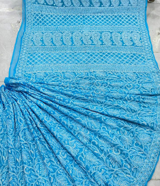 ZIA Blue Georgette Chikankari Saree With Blouse