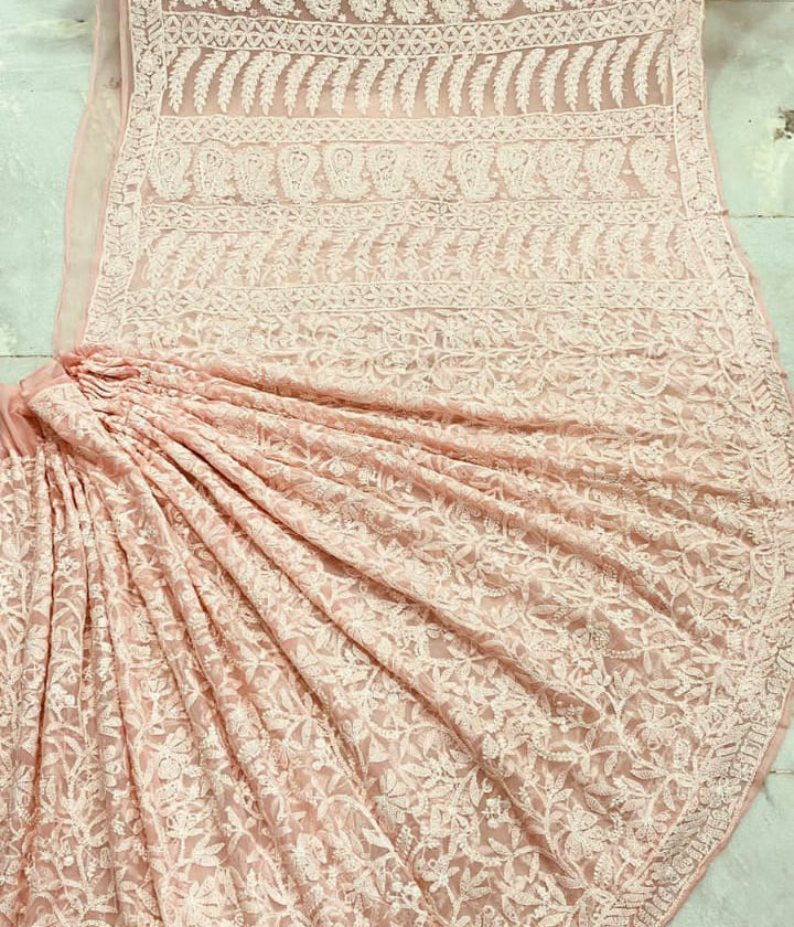 ZIA Peach Chikankari Saree With Blouse