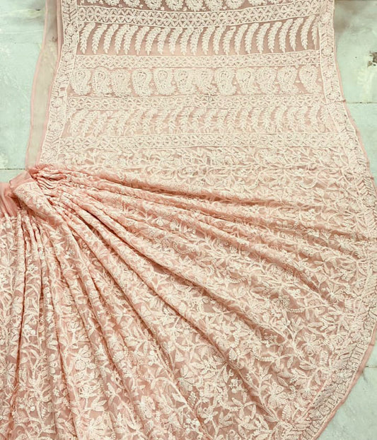 ZIA Peach Chikankari Saree With Blouse