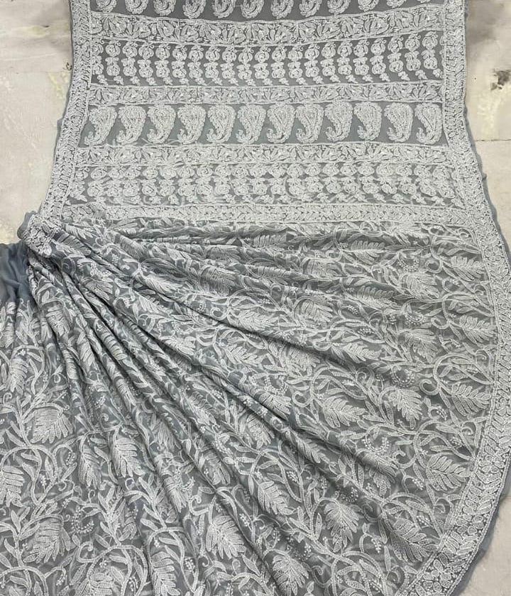 ZIA Grey Georgette Heavy Chikankari Saree With Blouse