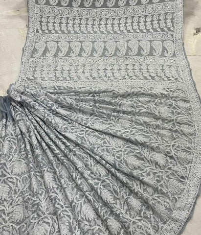 ZIA Grey Georgette Heavy Chikankari Saree With Blouse