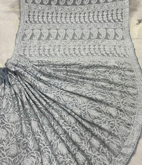 ZIA Grey Georgette Heavy Chikankari Saree With Blouse