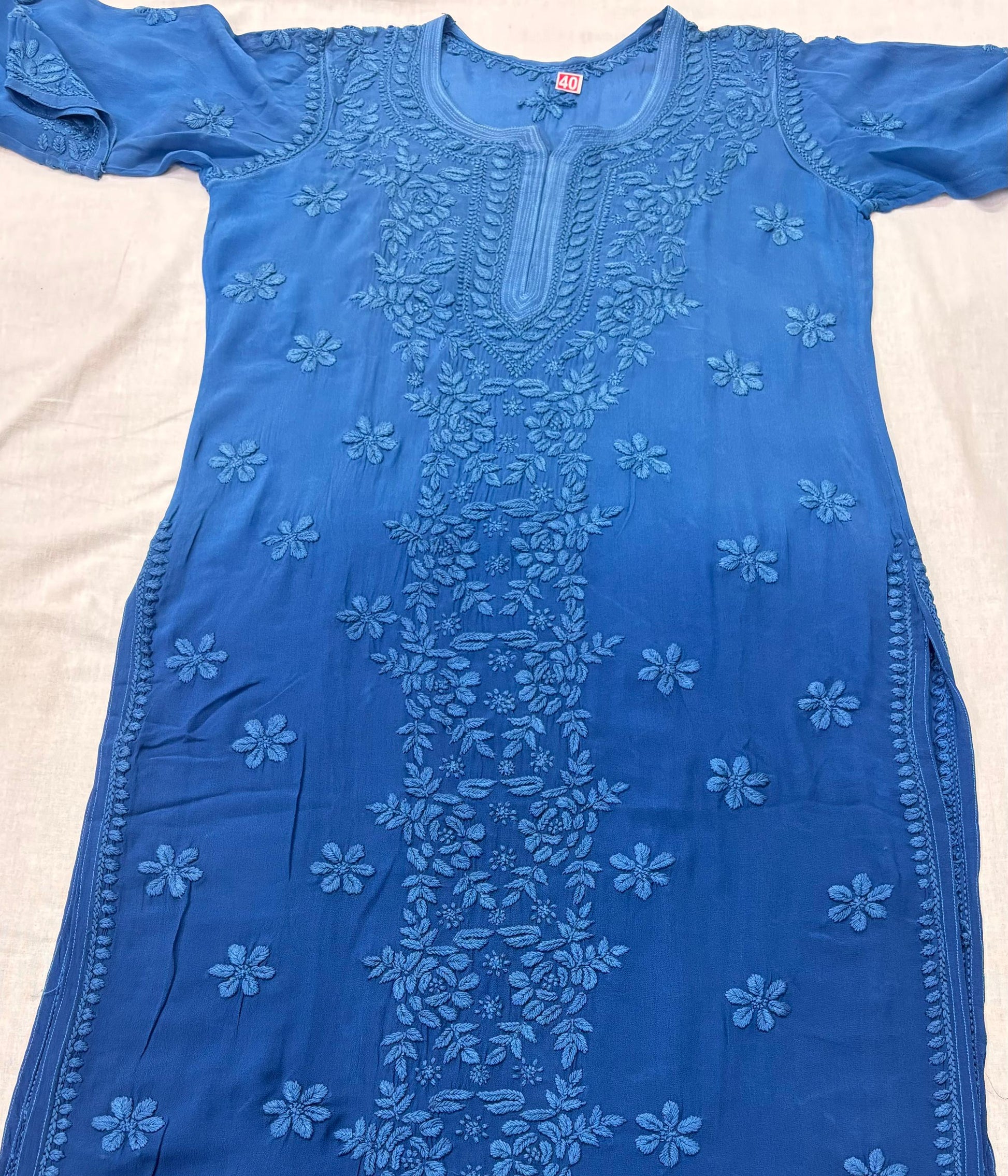 SARIKA Blue Pure Viscose Chikankari3D Emboss Omray Kurti