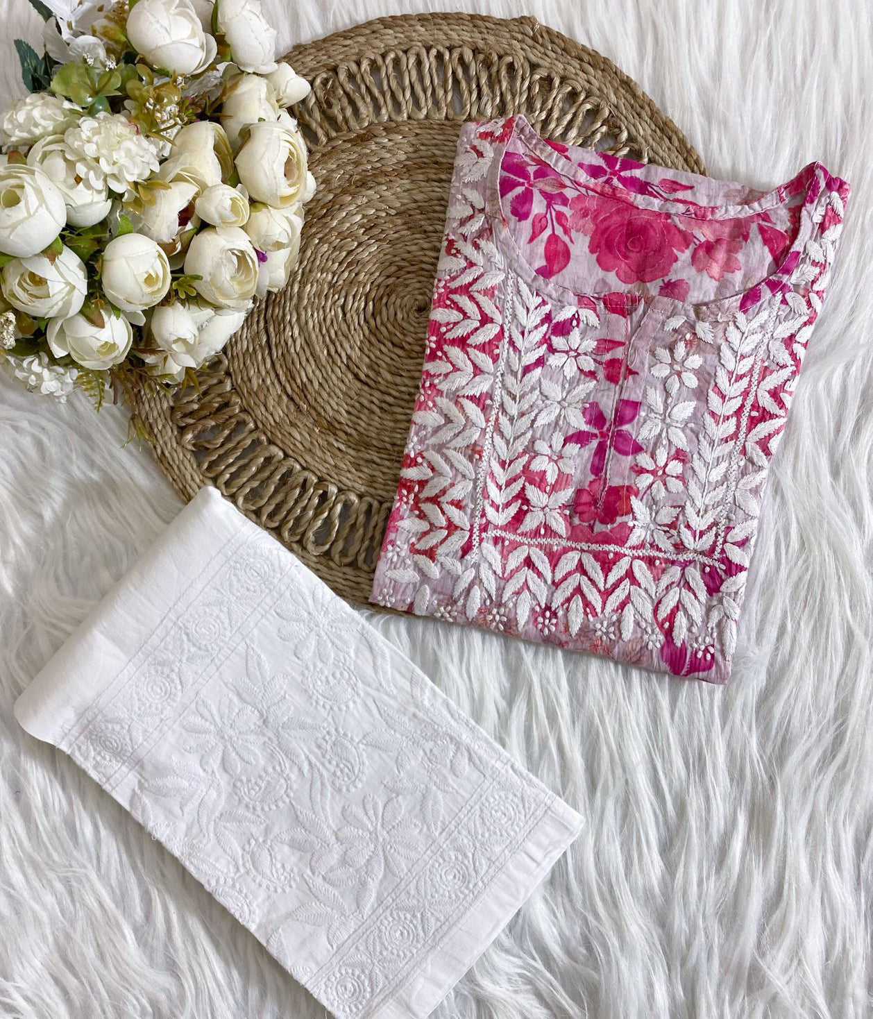 SONALI Pink Mulmul Printed Chikankari Top Set