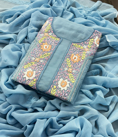 VANMALA Sky Blue Pure Viscose Chikankari Kurta Dupatta Set