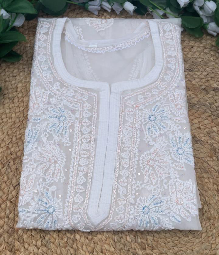 AMBA White Organza Chikankari Kurta for Women