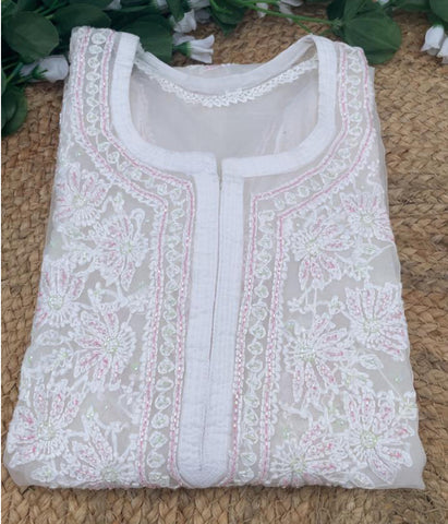 AMBA White Organza Chikankari Kurti-Elegant Lucknowi Chikankari for Women
