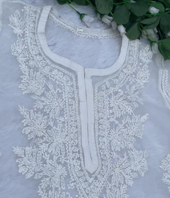 AMBA White Organza Chikankari Kurta for Woman