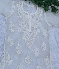 AMBA White Organza Chikankari Kurti-Elegant Lucknowi Chikankari for Women