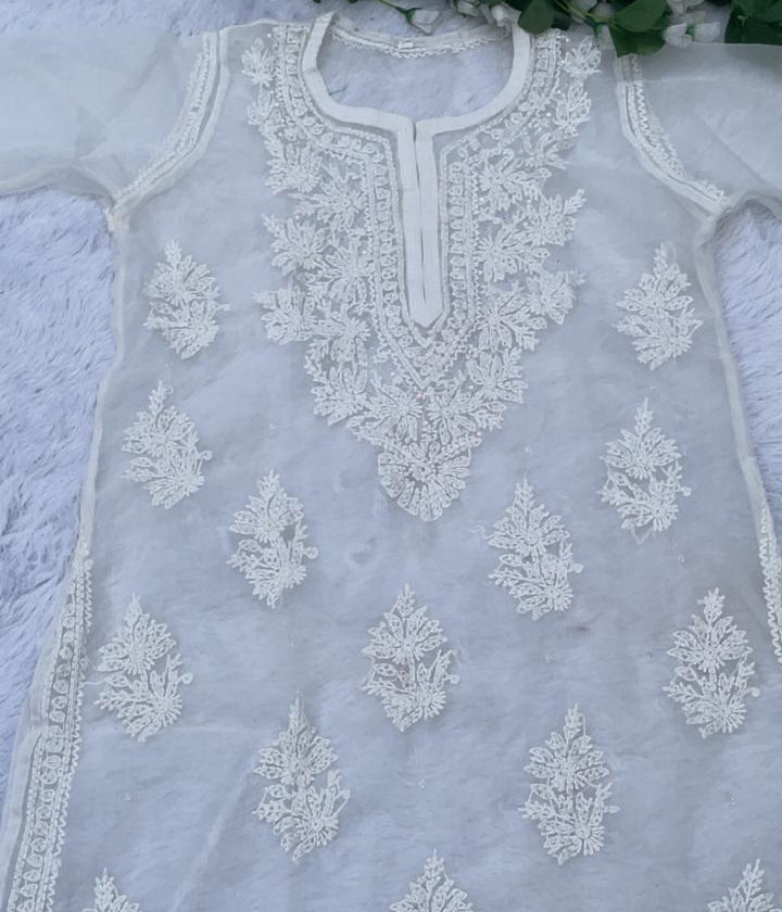 AMBA White Organza Chikankari Kurta for Woman