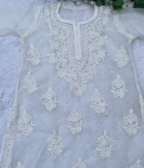 AMBA White Organza Chikankari Kurti-Elegant Lucknowi Chikankari for Women