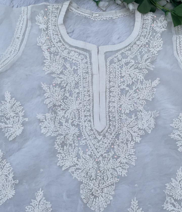 AMBA White Organza Chikankari Kurta for Woman