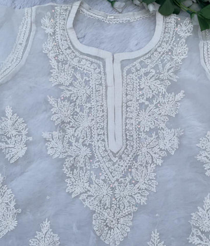 AMBA White Organza Chikankari Kurti-Elegant Lucknowi Chikankari for Women