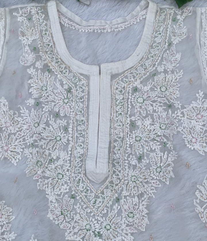 AMBA White Organza Chikankari Kurta for Woman