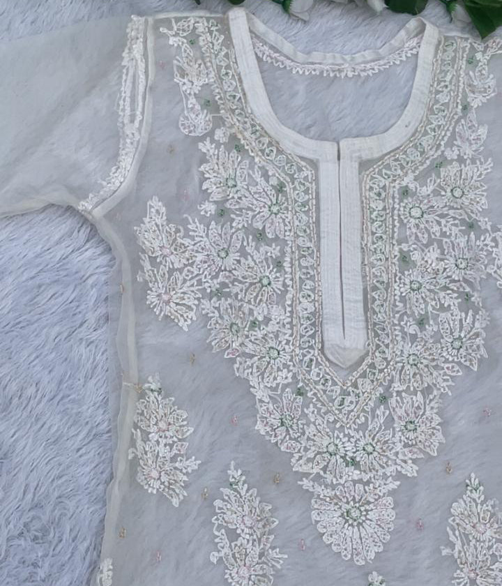 AMBA White Organza Chikankari Kurta for Woman