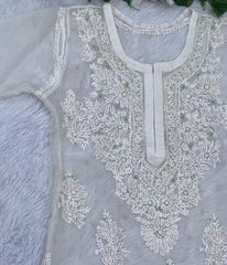 AMBA White Organza Chikankari Kurti-Elegant Lucknowi Chikankari for Women
