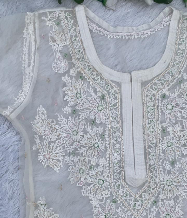 AMBA White Organza Chikankari Kurta for Woman