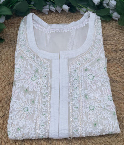 AMBA White Organza Chikankari Kurti-Elegant Lucknowi Chikankari for Women