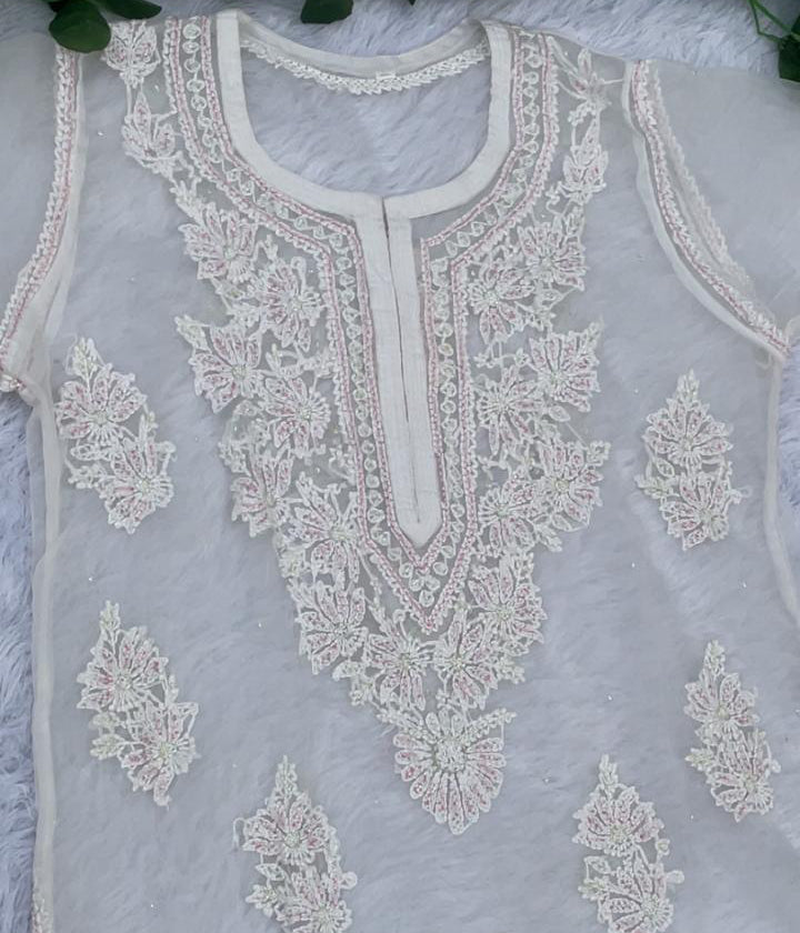 AMBA White Organza Chikankari Kurta for Women