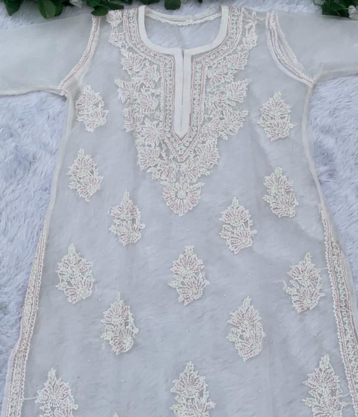 AMBA White Organza Chikankari Kurta for Women