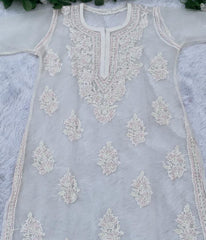 AMBA White Organza Chikankari Kurti-Elegant Lucknowi Chikankari for Women
