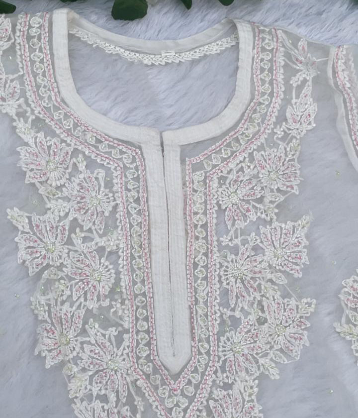 AMBA White Organza Chikankari Kurta for Women