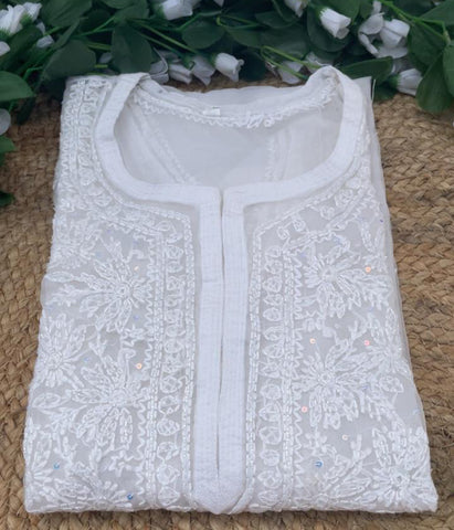 AMBA White Organza Chikankari Kurti-Elegant Lucknowi Chikankari for Women
