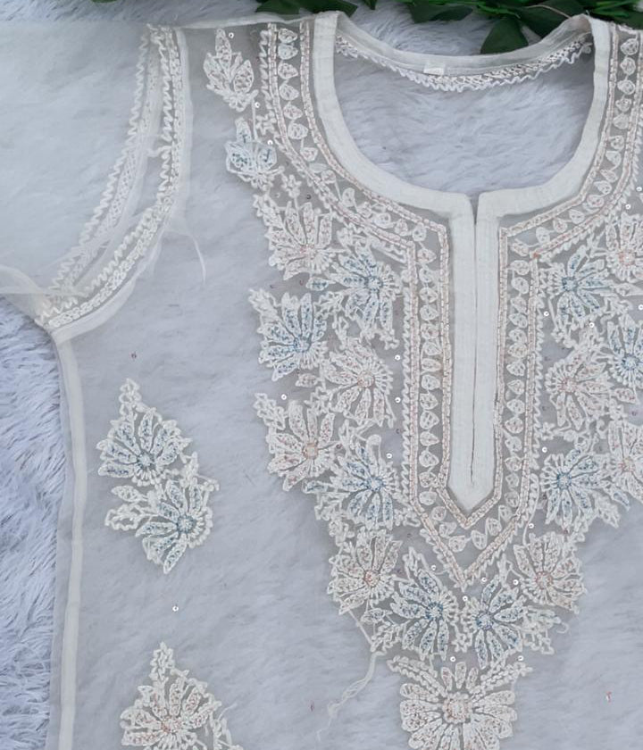 AMBA White Organza Chikankari Kurta for Women
