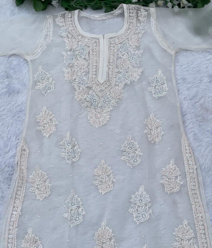 AMBA White Organza Chikankari Kurta for Women