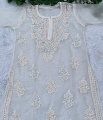 AMBA White Organza Chikankari Kurti-Elegant Lucknowi Chikankari for Women