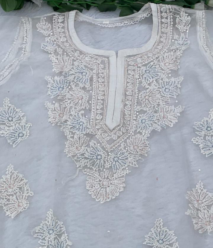 AMBA White Organza Chikankari Kurta for Women