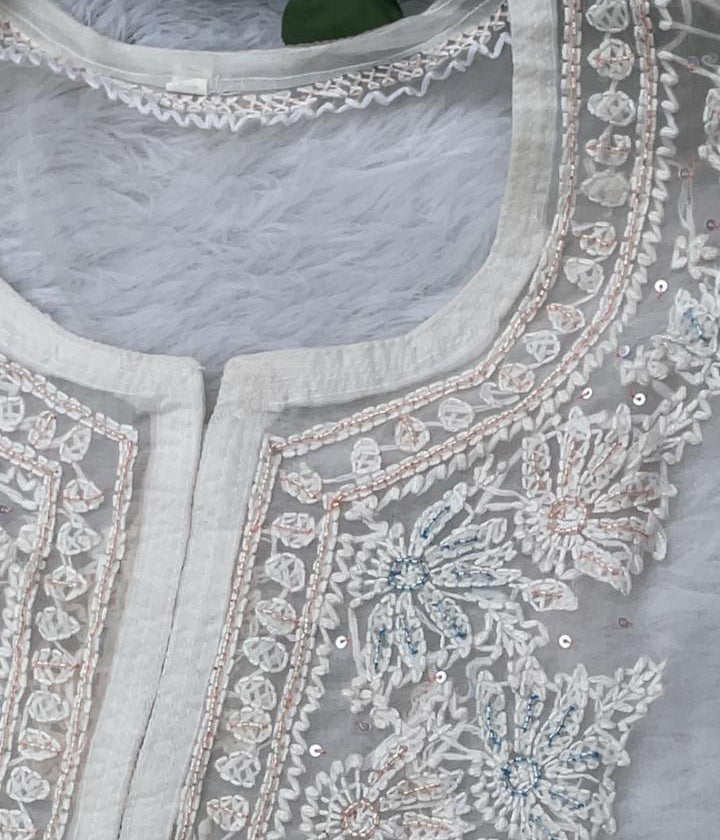 AMBA White Organza Chikankari Kurta for Women