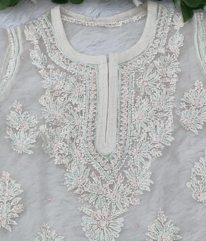 AMBA White Organza Chikankari Kurti-Elegant Lucknowi Chikankari for Women