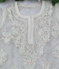 AMBA White Organza Chikankari Kurti-Elegant Lucknowi Chikankari for Women