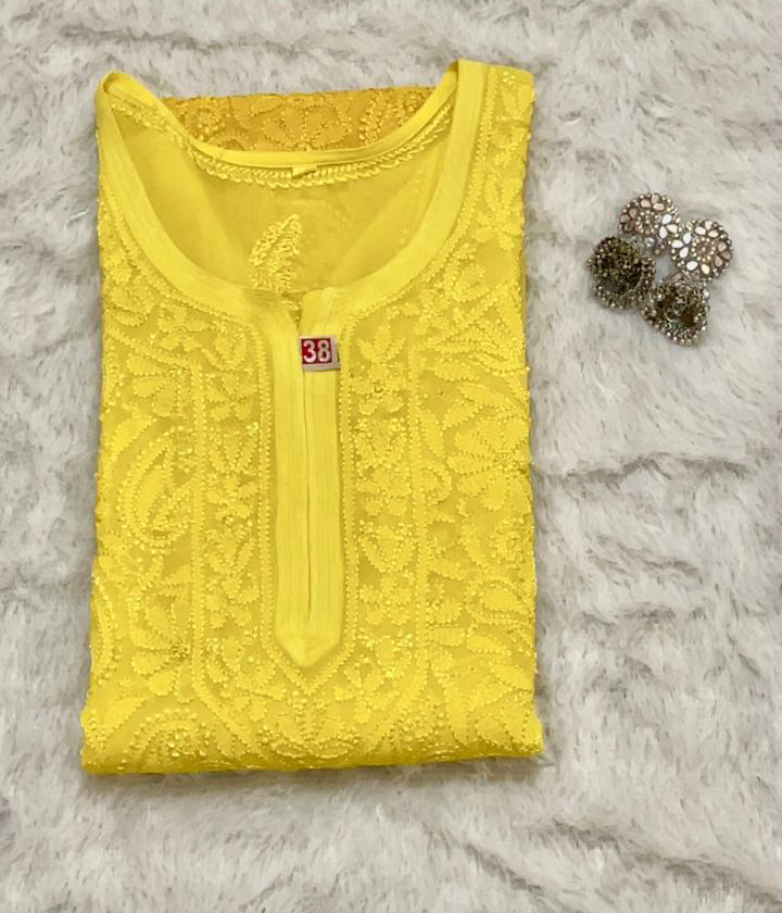 SWATI Yellow Pure Viscose Chikankari Resham Omray  Kurti