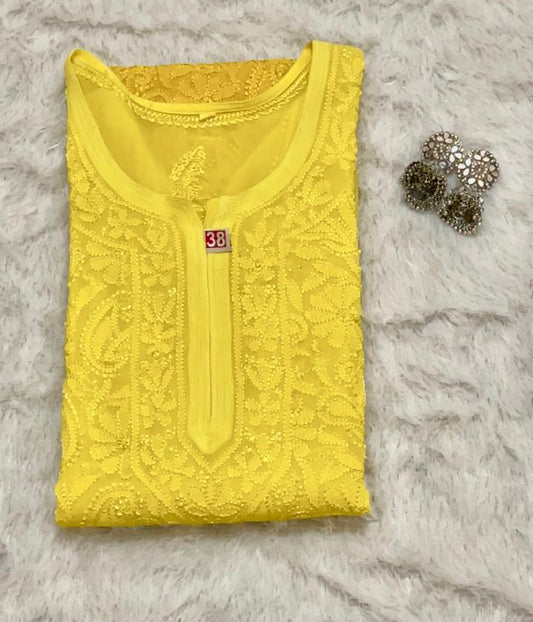 SWATI Yellow Pure Viscose Chikankari Resham Omray  Kurti
