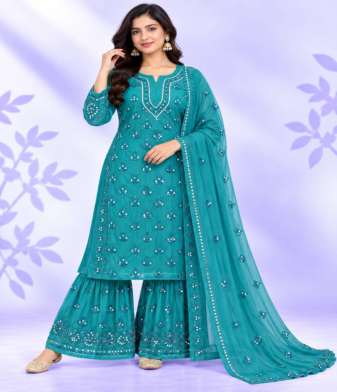 MAHI Mirror Work Lucknowi Chikankari Sharara Set with Dupatta – 3 Piece