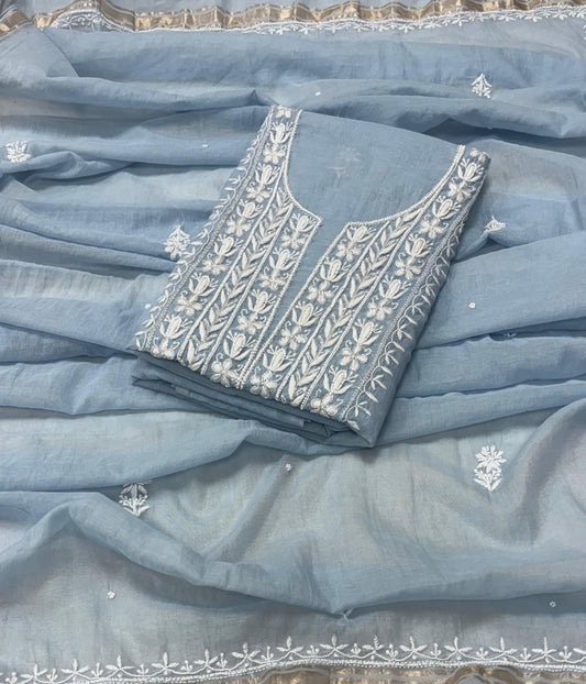 ADITI Powder Blue Pure Mulmul Chikankari Kurta Dupatta Set